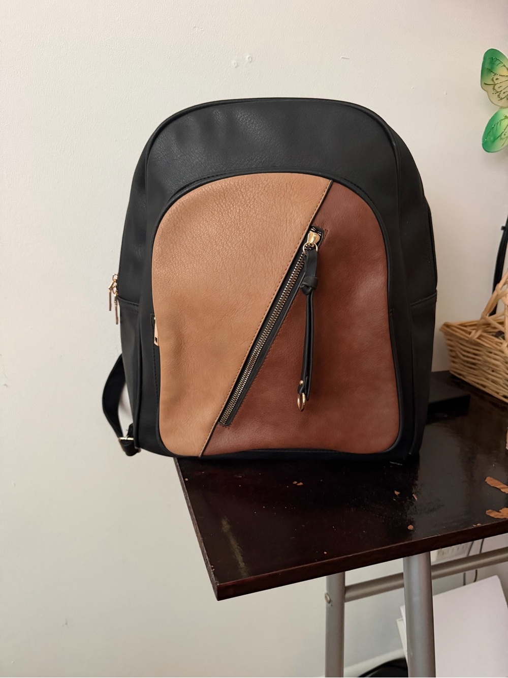 Black Backpack with Tan and Brown Front Panel - Unbranded